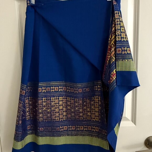 Flowy Adjustable Boho Wrap Skirt Metallic Flowers Blue Copper OS - Picture 5 of 6